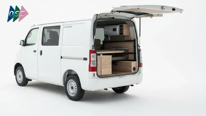 白いバン、後部ハッチ開、木製カスタム収納